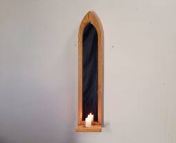 Unusual Gothic Arch Shaped Solid Wooden English Oak Mirror & Shelf 79 cm Long Hand Made - thumbnail 1