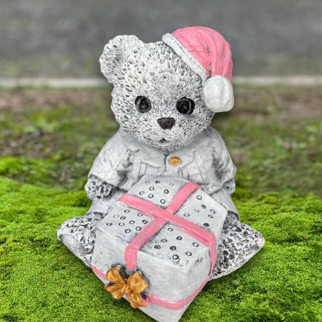 Bear With Gift Figurine Concrete Animal Statue Handmade Winter Sculpture Stone Ornament Outdoor Garden Holiday Decor Art - image 1