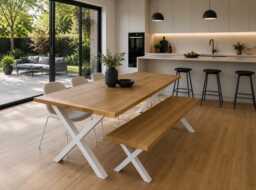 Fixed Length Solid Oak Industrial Steel X Frame Rustic Dining Table