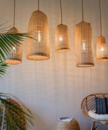 Tall Woven Repurposed Fish Trap Pendant Light Shade, Artisan Light, Long Wood Basket Lamp - thumbnail 1