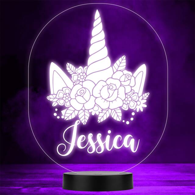 Flowers & Unicorn Horn Kids Pretty Personalised Gift Colour Changing Night Light - image 1