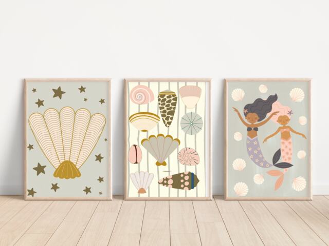 Mermaid & Shell Themed Prints For A Nursery, Little Girls Room Or Playroom. - Prints Only - image 1