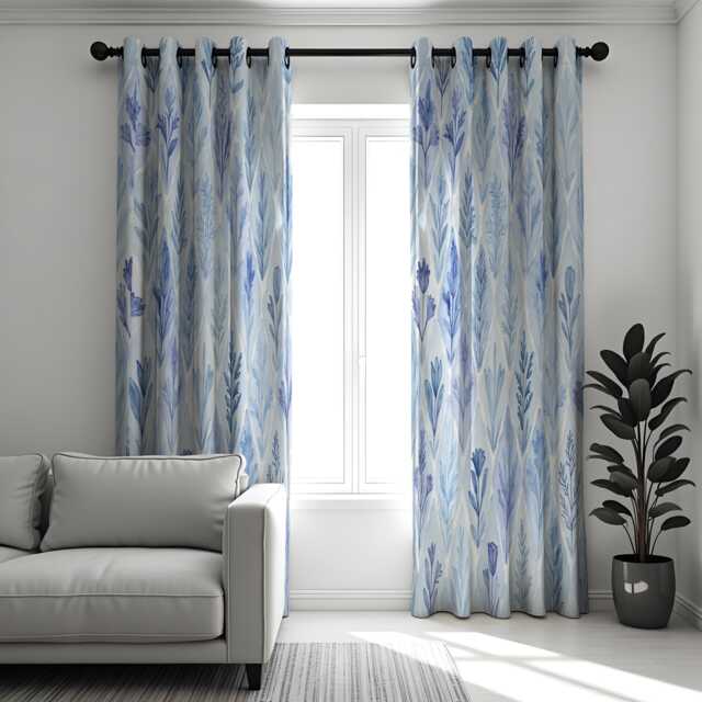 Blue Leaf Pattern Curtains, Watercolor Botanical Drapes, Custom Made To Measure Panels, Coastal Style Living Room Curtains - image 1