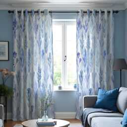 Blue Leaf Pattern Curtains, Watercolor Botanical Drapes, Custom Made To Measure Panels, Coastal Style Living Room Curtains - thumbnail 2