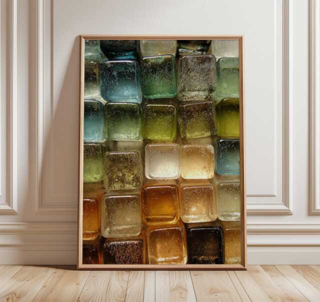 Abstract Glass Block Art Print, Modern Minimalist Wall Art, Green & Amber Geometric Poster, Contemporary Texture Decor - image 1