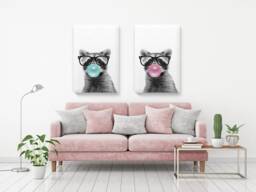 Raccoon Blow Bubble Gum. Funny Animal Wall Art. Canvas Decor. Gum Painting. Print Art Set Of 2 Collection - thumbnail 1