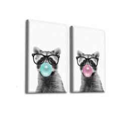 Raccoon Blow Bubble Gum. Funny Animal Wall Art. Canvas Decor. Gum Painting. Print Art Set Of 2 Collection - thumbnail 2