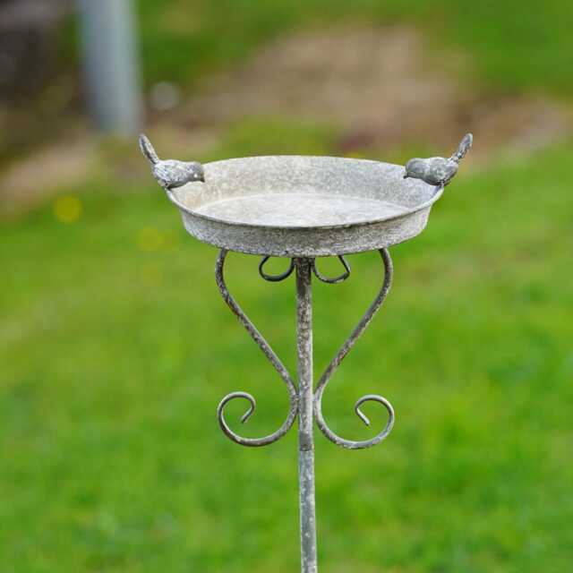 Large Cast Iron Birdbath On Stake - Wrought Metal Feeder Outdoor Garden Ornament Birdfeeder Stick Xl Grey - image 1