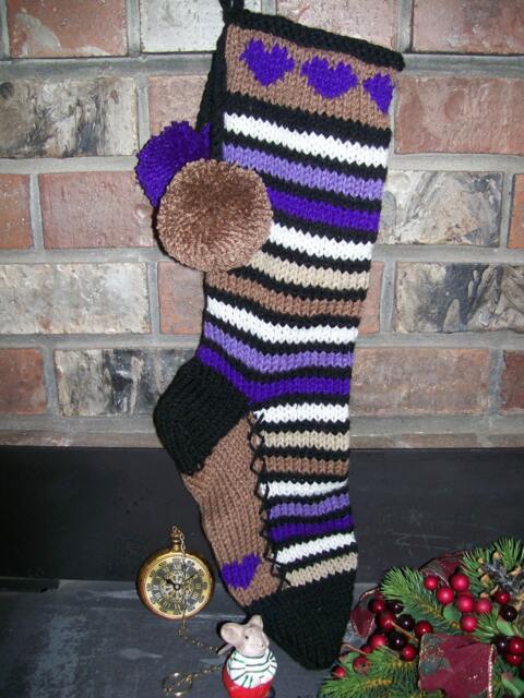 Hand Knit Christmas Stocking Purple Brown White Horizontal Stripe Heart Detail By Santa's Works - image 1