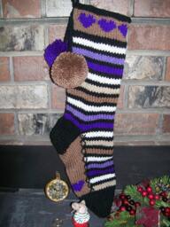 Hand Knit Christmas Stocking Purple Brown White Horizontal Stripe Heart Detail By Santa's Works