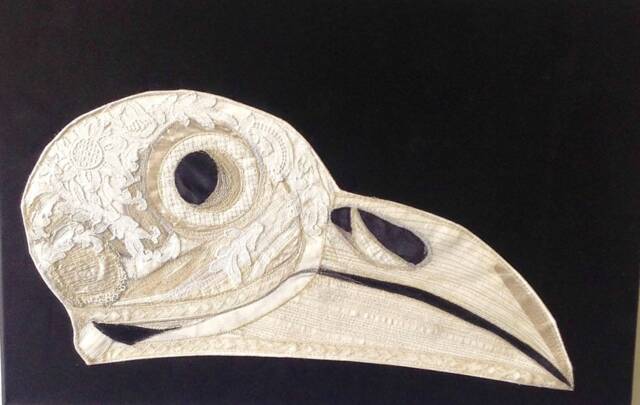 Crow Skull Machine & Hand Embroidered Onto Vintage Black Satin Using Lace - image 1