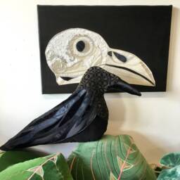 Crow Skull Machine & Hand Embroidered Onto Vintage Black Satin Using Lace - thumbnail 3