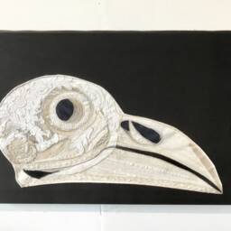 Crow Skull Machine & Hand Embroidered Onto Vintage Black Satin Using Lace - thumbnail 4
