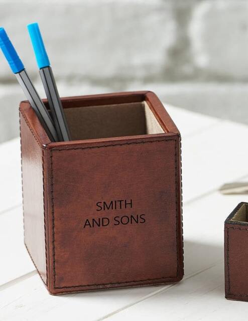 Personalised Leather Pen Pot - Desk Accessories Anniversary Gift Retirement 3rd Wedding Tidy - image 1