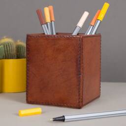 Personalised Leather Pen Pot - Desk Accessories Anniversary Gift Retirement 3rd Wedding Tidy - thumbnail 2