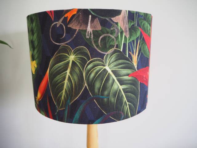 Tropical Green Leaves Lampshade Exotic Leaf Birds Orange Red Black Handmade Fabric Drum Table Floor Or Ceiling Pendant Shade - Various Sizes - image 1