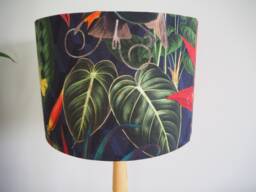 Tropical Green Leaves Lampshade Exotic Leaf Birds Orange Red Black Handmade Fabric Drum Table Floor Or Ceiling Pendant Shade - Various Sizes - thumbnail 1