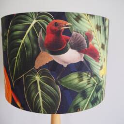 Tropical Green Leaves Lampshade Exotic Leaf Birds Orange Red Black Handmade Fabric Drum Table Floor Or Ceiling Pendant Shade - Various Sizes - thumbnail 2