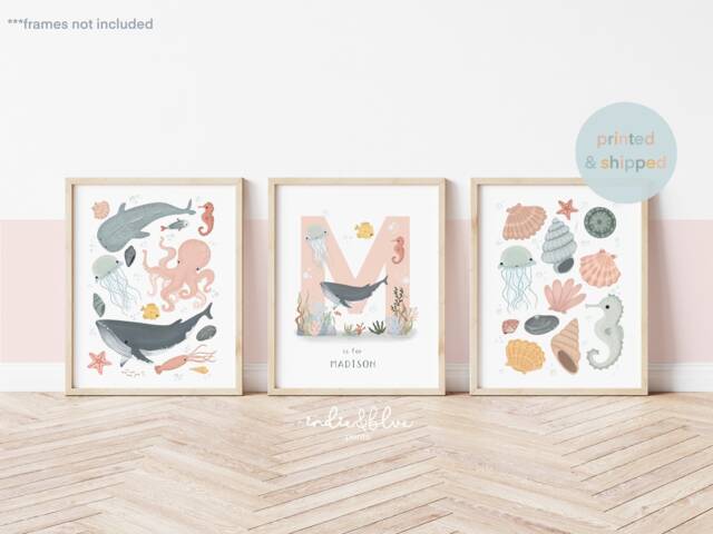 Personalised Sea Animals & Shells Print Set, Girl Nursery Under The Ocean Prints, Print, Whale - image 1