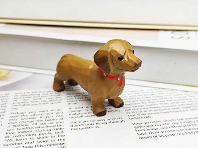 Miniature Wooden Dachshund Figurine For Desktop, Handmade Puppy Art Carved Ornament, Mother's Day Gifts, Valentine's Gift Her - image 1