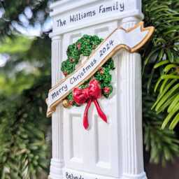 Personalised White Front Door With Banner Wreath Christmas Tree Decoration First 1st Xmas in Our New Home 2024 House Bauble Hanging Ornament - thumbnail 4