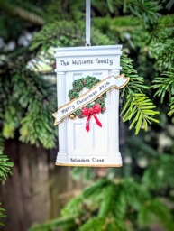 Personalised White Front Door With Banner Wreath Christmas Tree Decoration First 1st Xmas in Our New Home 2024 House Bauble Hanging Ornament - thumbnail 1