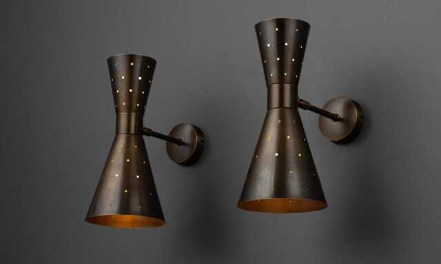 1950S Mid-Century Modern Perforated Brass Wall Sconce - Italian Patina Finish, Retro Cone Shade Light Fixture - image 1