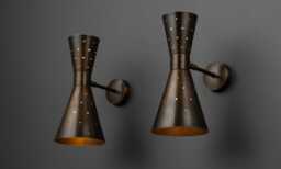 1950S Mid-Century Modern Perforated Brass Wall Sconce - Italian Patina Finish, Retro Cone Shade Light Fixture - thumbnail 1