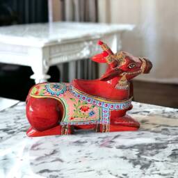 Hand Painted Wooden Nandi Figure Best To Decor Your Home Or Housewarming Gift Birthday Temple & Sitting Nandi Wooden - thumbnail 1