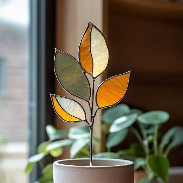 Autumn Leaf Real Stained Glass Plant Stake - Handmade Fall Foliage Garden Decor For Indoor Pots Pot Decoration - image 1