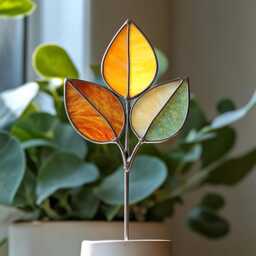 Autumn Leaf Real Stained Glass Plant Stake - Handmade Fall Foliage Garden Decor For Indoor Pots Pot Decoration - thumbnail 2