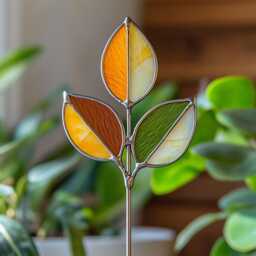 Autumn Leaf Real Stained Glass Plant Stake - Handmade Fall Foliage Garden Decor For Indoor Pots Pot Decoration - thumbnail 3