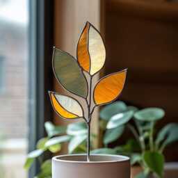 Autumn Leaf Real Stained Glass Plant Stake - Handmade Fall Foliage Garden Decor For Indoor Pots Pot Decoration - thumbnail 1