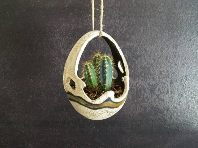 Raku Ceramic Hanging Planter - Organic Basket-Shaped Pot, Unique Handmade Terrarium For Succulents & Plants Multi Colors & Sizes - image 1