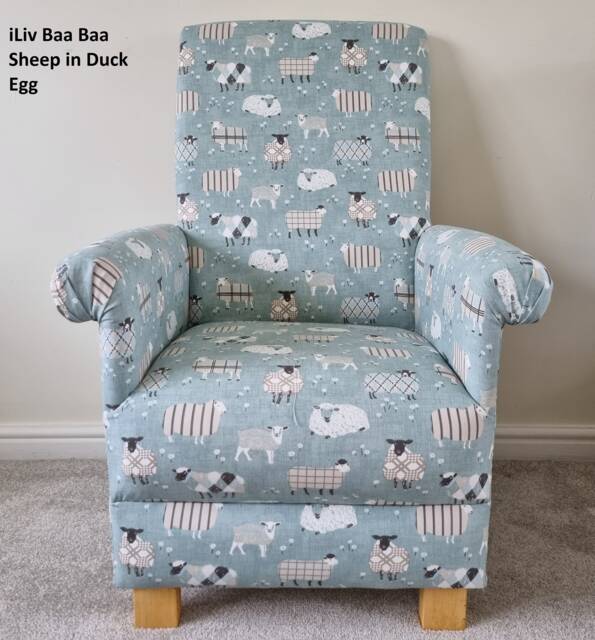 Handcrafted Baa Sheep Fabric Adult Armchair Denim Blue Nursery Accent Chair Patchwork Red Grey Lilac - image 1