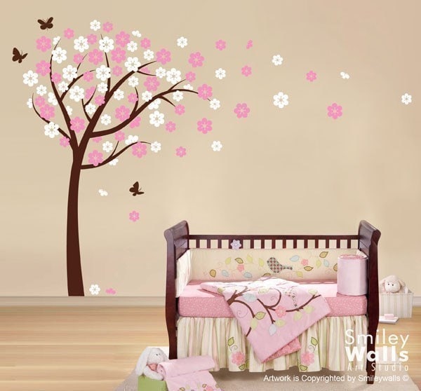 Cherry Blossom Wall Decal, Flower Tree Decal Blooming Butterflies - Kids Nursery Vinyl Baby Sticker Room Decor - image 1
