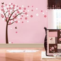 Cherry Blossom Wall Decal, Flower Tree Decal Blooming Butterflies - Kids Nursery Vinyl Baby Sticker Room Decor - thumbnail 2