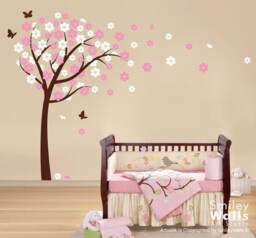 Cherry Blossom Wall Decal, Flower Tree Decal Blooming Butterflies - Kids Nursery Vinyl Baby Sticker Room Decor - thumbnail 1