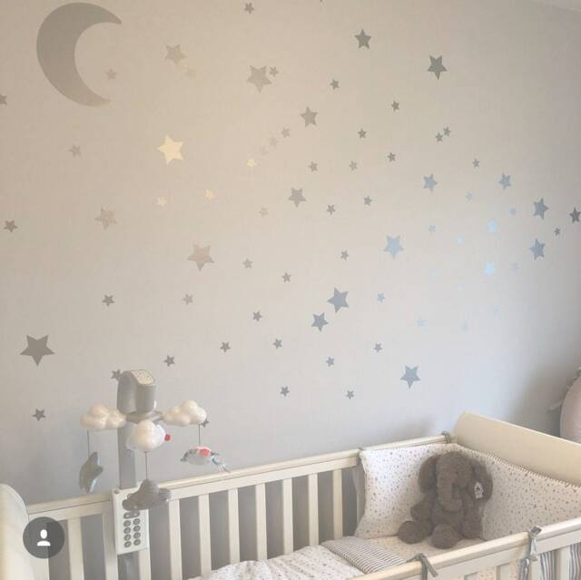 Large Moon & 21 Silver Stars Nursery Wall Decals, Stickers, Baby Art, Vinyl Wallpaper Art Decor, Confetti - image 1