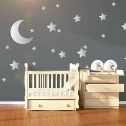 Large Moon & 21 Silver Stars Nursery Wall Decals, Stickers, Baby Art, Vinyl Wallpaper Art Decor, Confetti - thumbnail 2