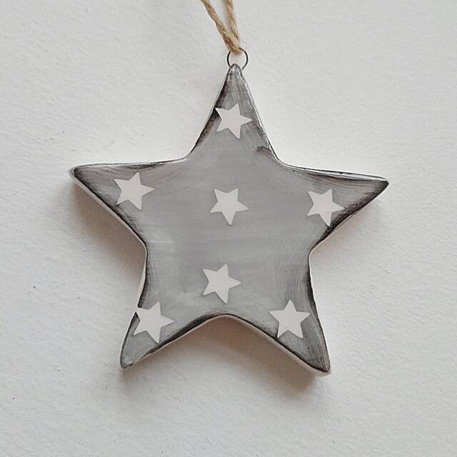 Grey Ceramic Hanging Star Decoration - The Home & Hearts Shop Rustic Wall Decor Shabby Wedding Gift Christmas - image 1