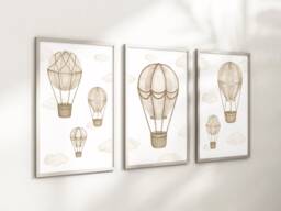 Baby Nursery Air Balloon Cloud Prints - A4 Or A3 Size Stars Boy Girl Wall Art Unisex Neutral Beige Natural Boho - thumbnail 1