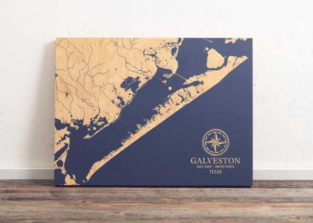 Galveston, Texas Map - Engraved Wood Coastal Chart Wall Art Sign, Beach House Decor Nautical Life Print, Unique Personalized Family Gift - image 1