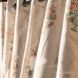 Peach & Green Dewdrop Blockprint Maheshwari Silk Curtain, Curtains, Living Room Door Grommet Panels Drapes - thumbnail 2