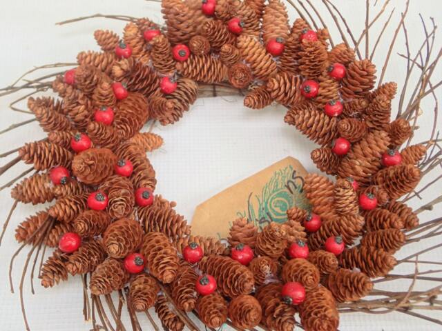 Pine Cone Wreath, Grapevine & Berry Autumn Door Hanger, Fall Thanksgiving Christmas Decor - image 1