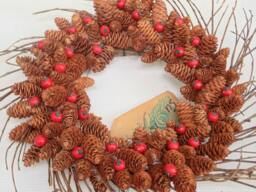 Pine Cone Wreath, Grapevine & Berry Autumn Door Hanger, Fall Thanksgiving Christmas Decor - thumbnail 1