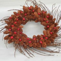Pine Cone Wreath, Grapevine & Berry Autumn Door Hanger, Fall Thanksgiving Christmas Decor - thumbnail 2