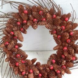 Pine Cone Wreath, Grapevine & Berry Autumn Door Hanger, Fall Thanksgiving Christmas Decor - thumbnail 3