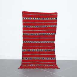 Handwoven Moroccan Berber Rug 3x5 Ft Red Striped Wool Kilim