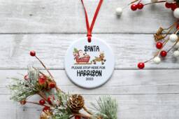 Personalised Santa Please Stop Here Christmas Keepsake Gift Hanging Ceramic Circle Bauble Tree Decoration Ornament Children's Kids - thumbnail 1